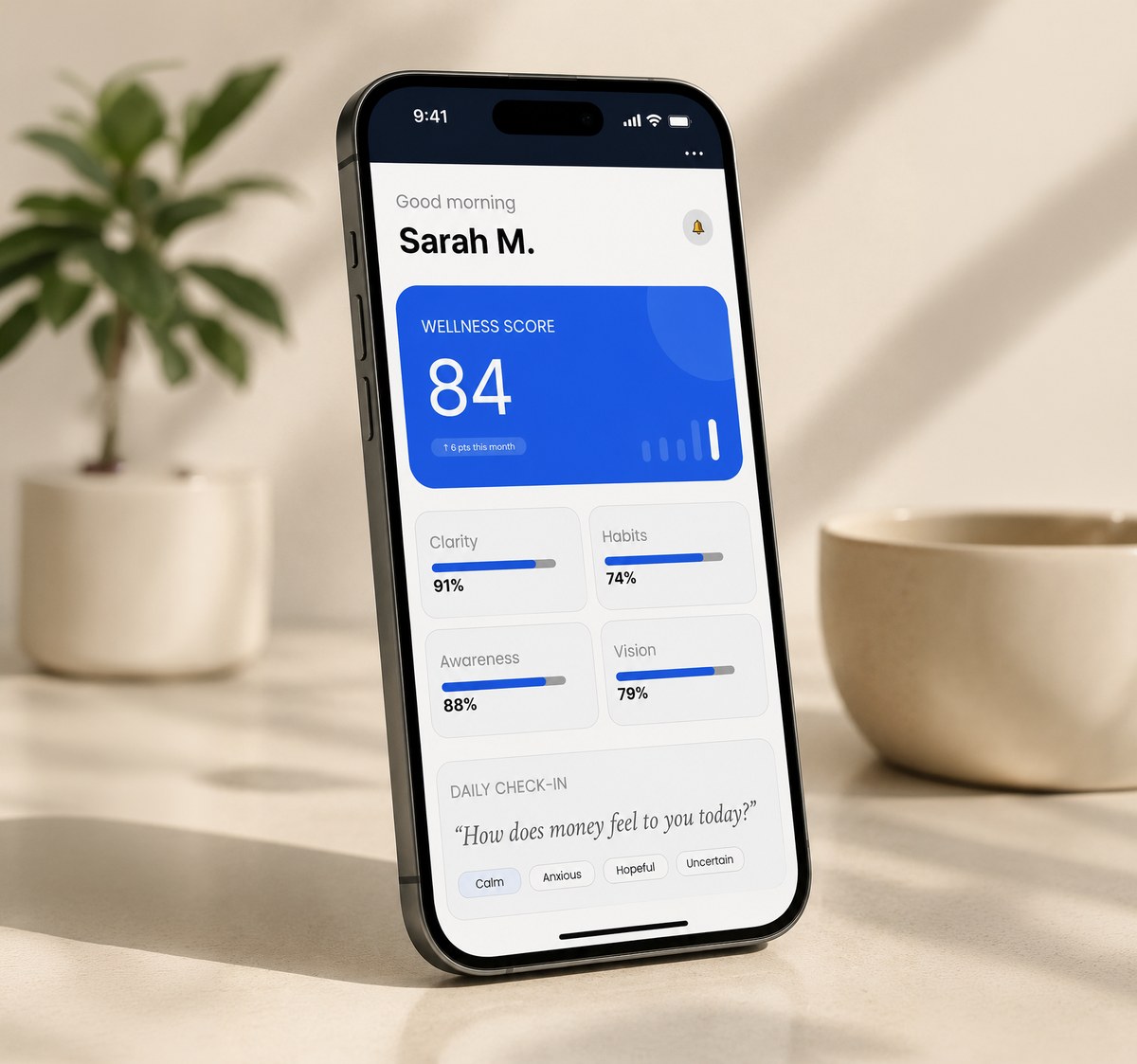 The Joy of Money wellness app showing a Wellness Score of 84 with metrics for Clarity, Habits, Awareness, and Vision, and a daily check-in prompt asking how money feels today.